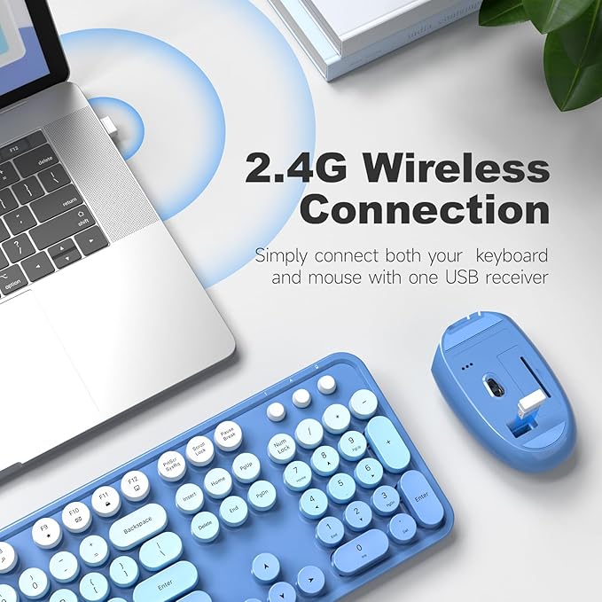 MOFII Wireless Keyboard and Mouse Combo, Full Size 2.4G Plug and Play Typewriter Retro Round Computer Keyboard and Mouse Set for Windows, Computer, Desktop, PC, Notebook - (Blue Gradient)