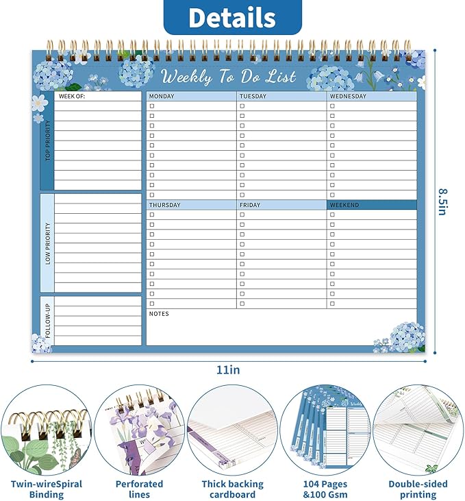 104 Pgs Weekly To Do List Notepad, 52 Duplex-Printed Undated Sheets 100 GSM（8.5"×11") Weekly Desk Planner For Work Home School Office Desk Accessories Supplies & Goal Setting Tasks -Blue Hydrangea