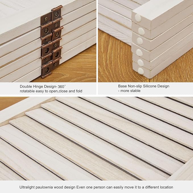 White Room Divider, Temporary Wall with Double Hinges, 5.6 Ft Tall Folding Louver Wood Screen for Home Office Bedroom Hotel Decoration (6 Panels, White-Washed)