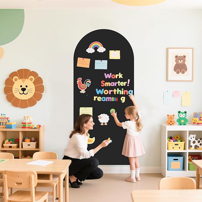 WUPIOS Magnetic Wall Decal for Kids 39.3x17.5 Inches Upgraded Magnetic Chalkboard for Wall Black Magnet Board for Wall with Letters and 12 Color Liquid Chalk for Home Playroom and Classroom