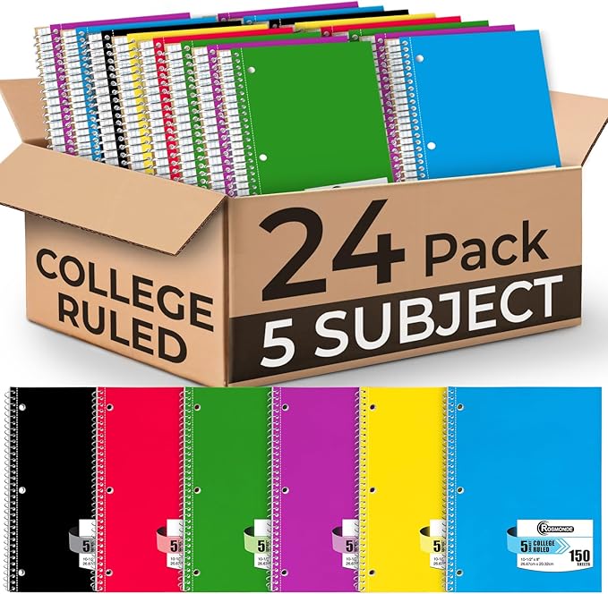 Rosmonde Bulk Spiral Notebook 24 Pack, 5 Subject, 300 Pages/Book (150 Sheets), College Ruled, 8 x 10-1/2, School & Office Spiral Notebooks, Back to School Notebook Journal, Soft Cover, Assorted Colors
