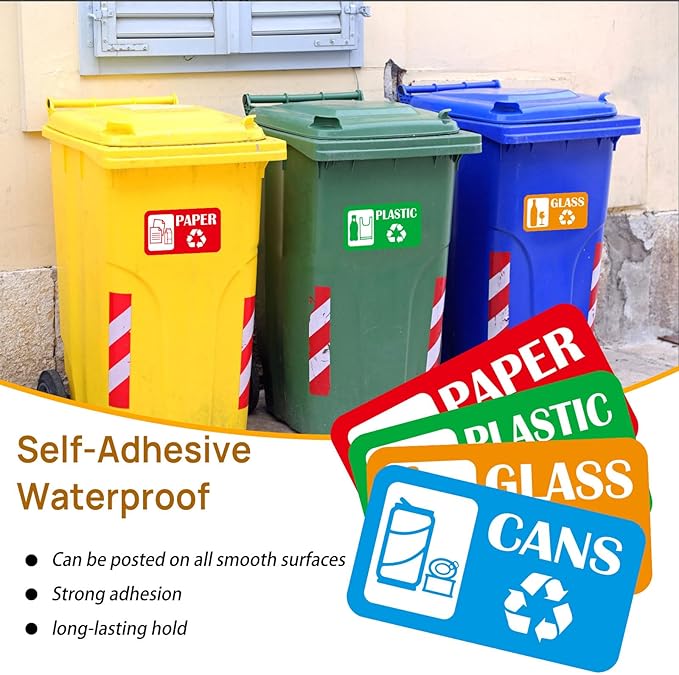12Pack Recycling Stickers for Trash Cans,Paper Plastic Glass Cans Trash Sorting Stickers for Recycle Bins,Eco-Friendly Trash Can Recycle Signs Indoor & Outdoor Use(3"x5.7")