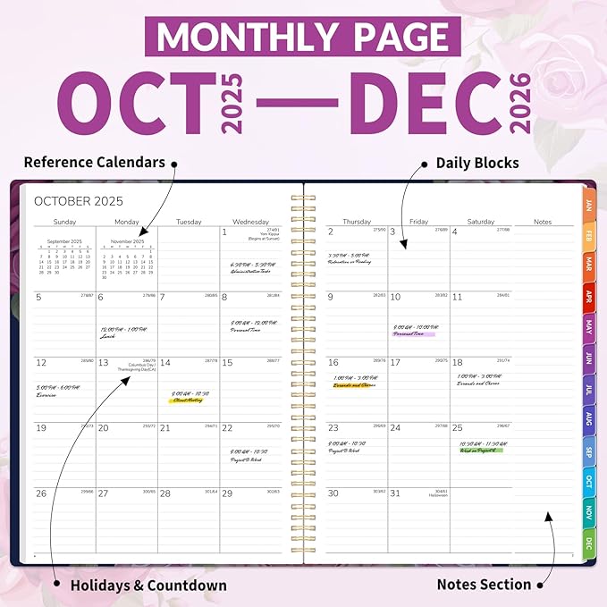 GNL 2026 Planner, Weekly and Monthly Planner January - December 2026, 8.5" x 11" Monthly Planner with Waterproof Flexible Cover, Spiral Binding Notebook with Colorful Tab, Pockets, Bookmark, Rose