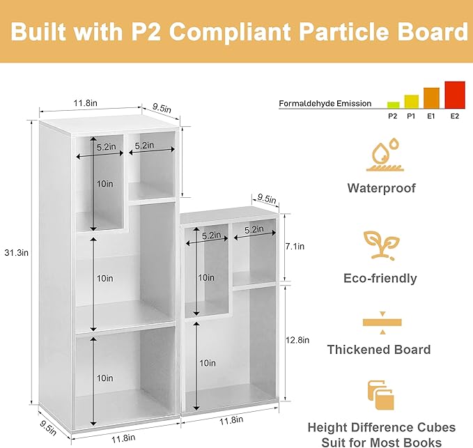 VECELO Narrow Bookshelf Set, Fits 9.3" × 10-12.8" Hardcovers, Cube Storage Bookcases, Free-Standing for Living Room, Bedroom, Home Office, 2/3-Tier, 2-Pack, White