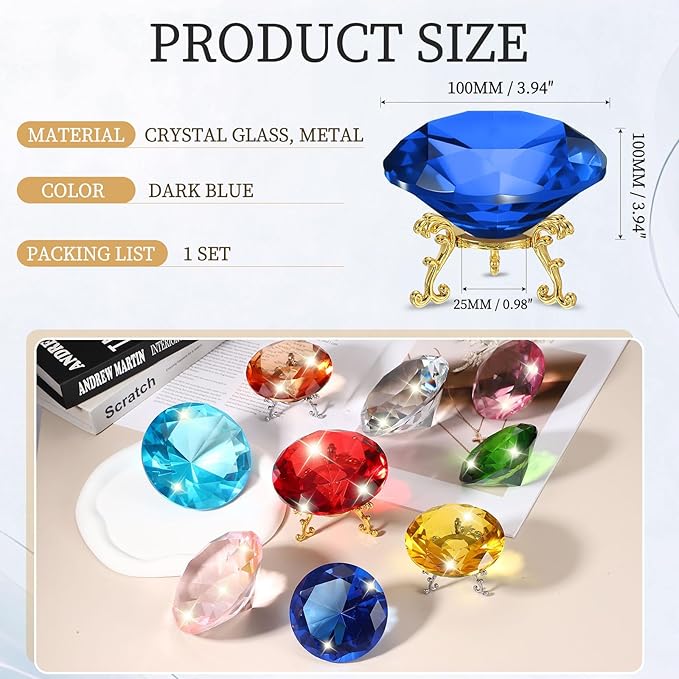 PATIKIL Diamond Crystal Paperweight, 100mm / 3.94" Crystal Paperweight Paper Weight with Gold 25 Metal Base for Home Office Desktop Table Decor Wedding Party Ornaments, Dark Blue