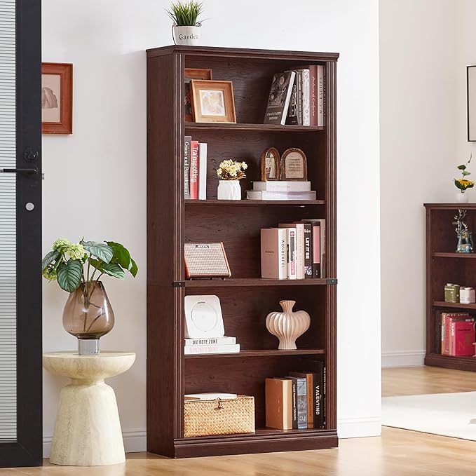 RWYHG 70" Walnut Tall Bookshelf,5-Tier Thick Wooden Book Shelf with Adjustable Shelves,Free Standing Farmhouse Bookcase with Open Display Storage,Floor Vintage Bookshelves for Living Room,Office