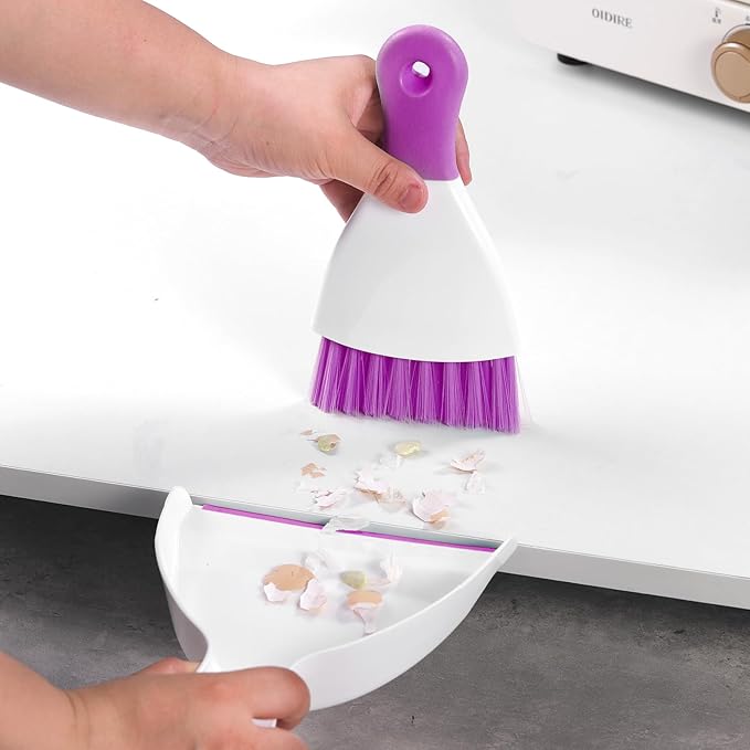 NACENA Mini Dustpan and Brush Set 2 Pack, Small Broom and Dustpan Set Dust Pan and Mini Hand Broom Dustpan and Broom Combo Compact for Home Table Keyboards Sofa Kitchen, Purple