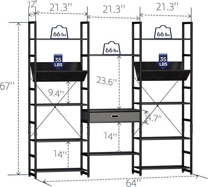 NUMENN Triple Wide 5 Tier Bookshelf, Adjustable Rustic Industrial Style Book Shelves, Modern Bookcases and Bookshelves Furniture for Bedroom, Living Room and Home Office, Elegant Black