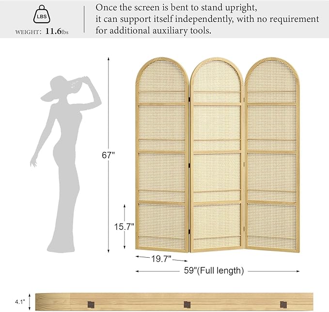Rattan Room Divider with Built-in Bookshelf | Foldable Privacy Screen & Portable Partition for Home Office, Bedroom, Reading Nook | Wooden Frame, Freestanding Design (Natural-Rattan)