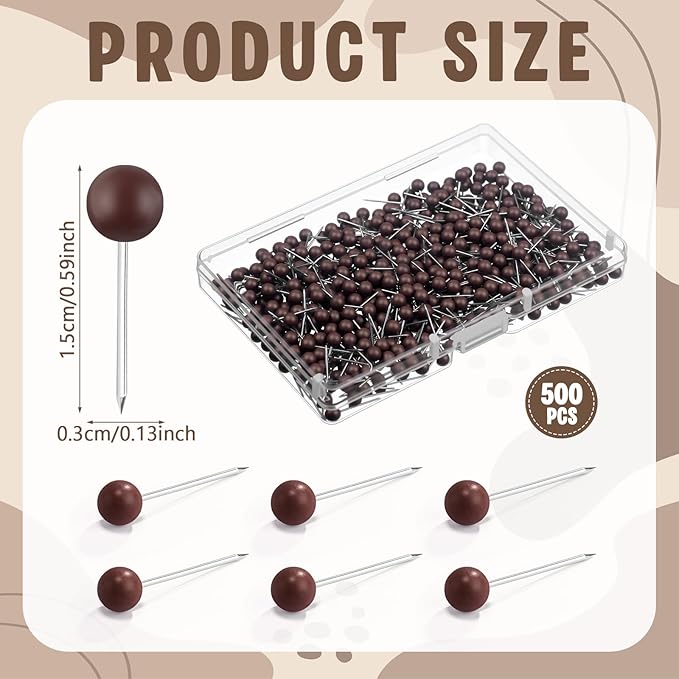WILLBOND 500 Pack Map Push Pins Map Tacks Small Round Head Push Pins Thumb Tacks for Travel Picture Photo Bulletin Board Wall DIY Craft School Office Home(Brown,1/6 Inch)