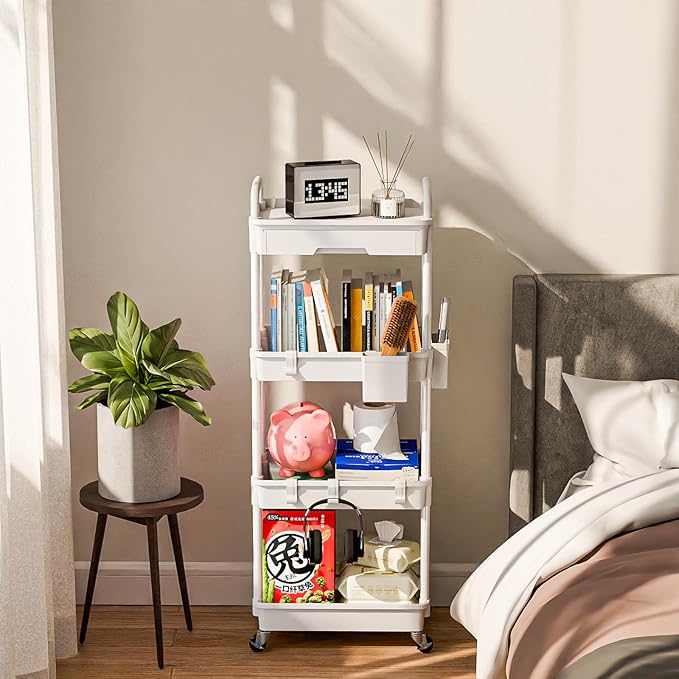 Sorgion 4 Tier Rolling Cart Organizer,Art Craft Diaper Bedside Snack Laundry Room Bathroom Organizer Narrow Thin Slim Rolling Trolley Utility Cart with Wheels for Kitchen,Office(White)