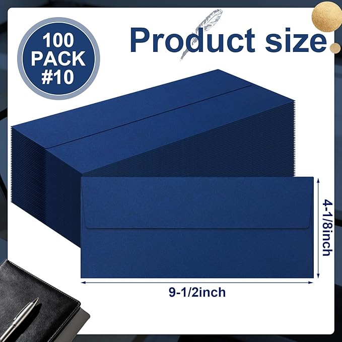 Marspark 100 Qty #10 Navy Blue Business Envelopes 80 lb 4-1/8'' x 9-1/2'' Peel Press Letter Size Envelopes Professional Mailing Printable for Security Office Use Home Mail