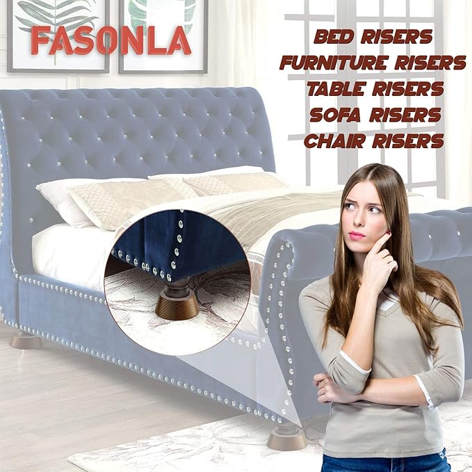 FASONLA Bed Risers, Furniture Risers (Set of 8-Height 1") Can be Adjusted to 2'' 3''or 4'', Lifts Furniture Risers, Solid Natural Wood Risers, Non-Slip Recessed Hole (Walnut Color)