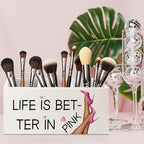 URLLUAE Cute Girly Pink Makeup Brush Toothbrush Holder Organizer for Dorm Bathroom Vanity, Life is Better in Pink Wooden Pen Pencil Holder for Desk Accessories