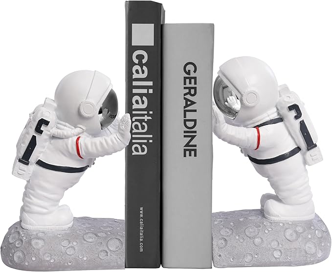 Kakizzy Book End Holder, Astronaut Bookends Outer Space Themed Astronaut Figurine Decorative Book Stoppers to Hold Books Heavy Duty Bookshelf Ends for Kids Rooms Space Decor Bookends (A-Silver Color)