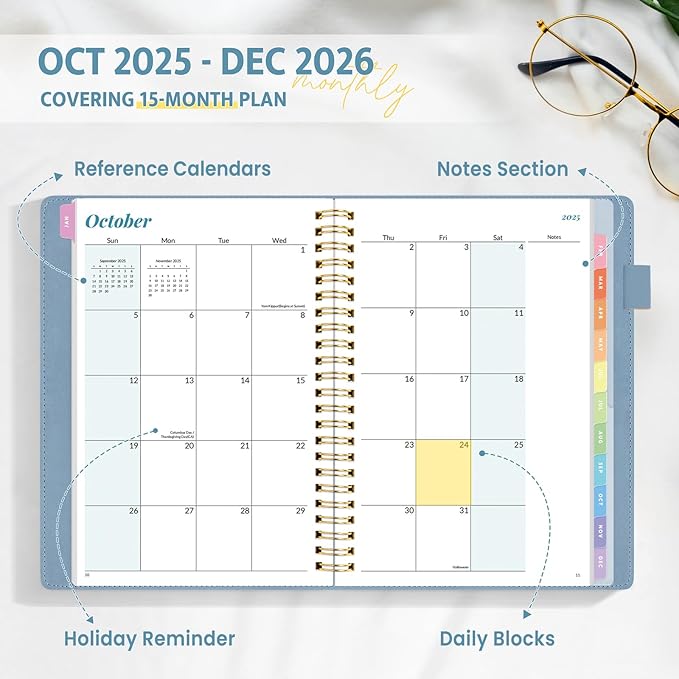 2026 Planner, Annecy Weekly ＆ Monthly Planner 2026, Jan. 2026 – Dec. 2026, 6.4" x 8.5" Monthly Agenda Planner with Tabs, Vegan Leather Cover, Spiral Binding, Double-sided Pocket, Bookmark, Grey Blue