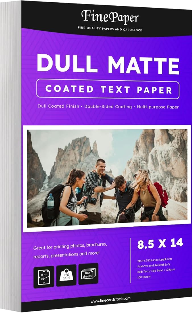 Dull 80lb Text Digital Low Gloss Paper, Double Sided C2S, Coated, Perfect for Color Laser Printing, Design Proposals, Flyers, Brochures | Matte Finish | 8.5" x 14" | 100 Sheets