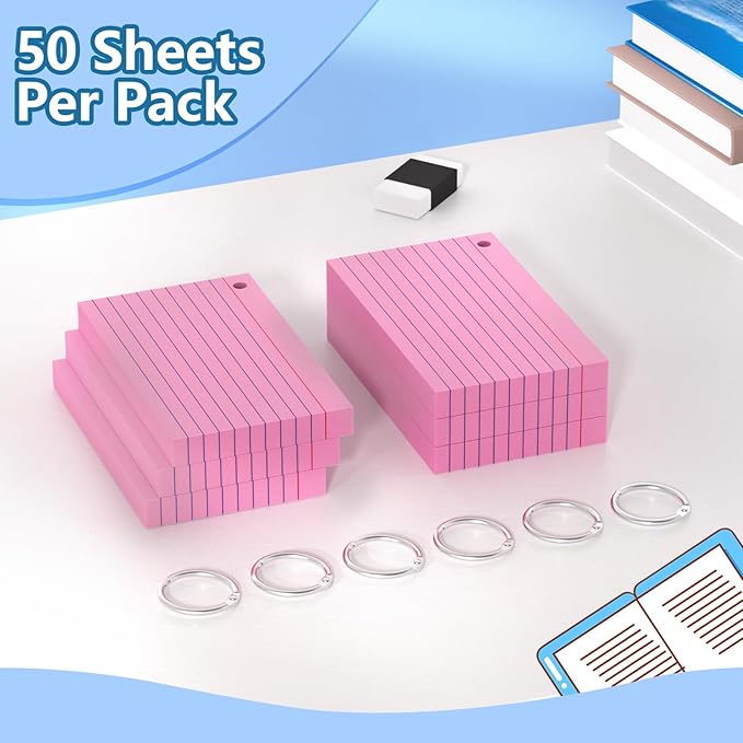 Ciphyfee Index Cards 3x5 Inch With Ring, 300 Count, Ruled Pink Index Card, 180GSM Flash Cards College Ruled for Students, Teachers, Study Note Card for Office, Home, School, Office
