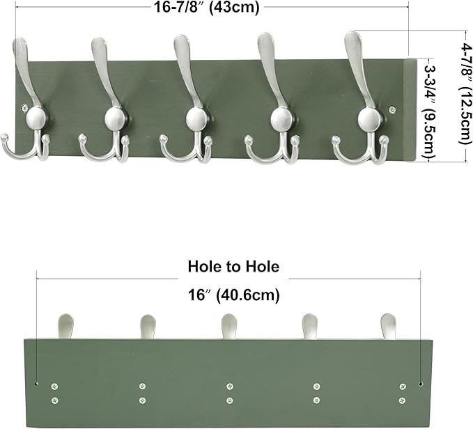 SKOLOO Creations Forest Green Solid Wood Wall Mounted Coat Rack, 5 Hooks, 16-7/8" Long - Kitchen, Mudroom, Entryway, Bathroom - Includes Mounting Hardware, Wall Coat Hanger, Towel Rack, Pack of 2