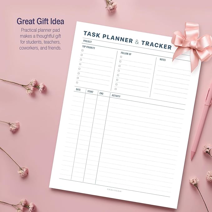 Task Planner & Tracker 8.5 x 11 Tear-Off 70 Sheet Planner Pad – Project Organizer with Time Log, Top Priority, Follow-Up – Notepad for Home & Office (White, Minimalist, 1 Pack)