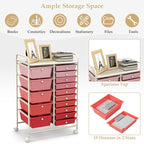 HAPPYGRILL 15-Drawer Rolling Cart, Storage Carts with Removable Drawers & Steel Frame, Utility Cart on Lockable Wheels for Home, School, Office, Pink