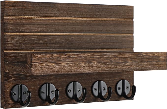 Lwenki Key Holder for Wall, Decorative Key and Mail Holder with Shelf Has Large Key Hooks for Bags, Coats – Paulownia Wood Key Hanger with Mounting Hardware (9.8”W x 6.7”H x 4.2”D) (Brown)