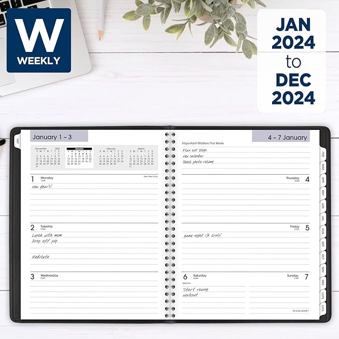 AT-A-GLANCE 2024 Weekly & Monthly Planner, 7" x 8-3/4", Medium, Refillable, Executive, DayMinder, Black (G5450024)