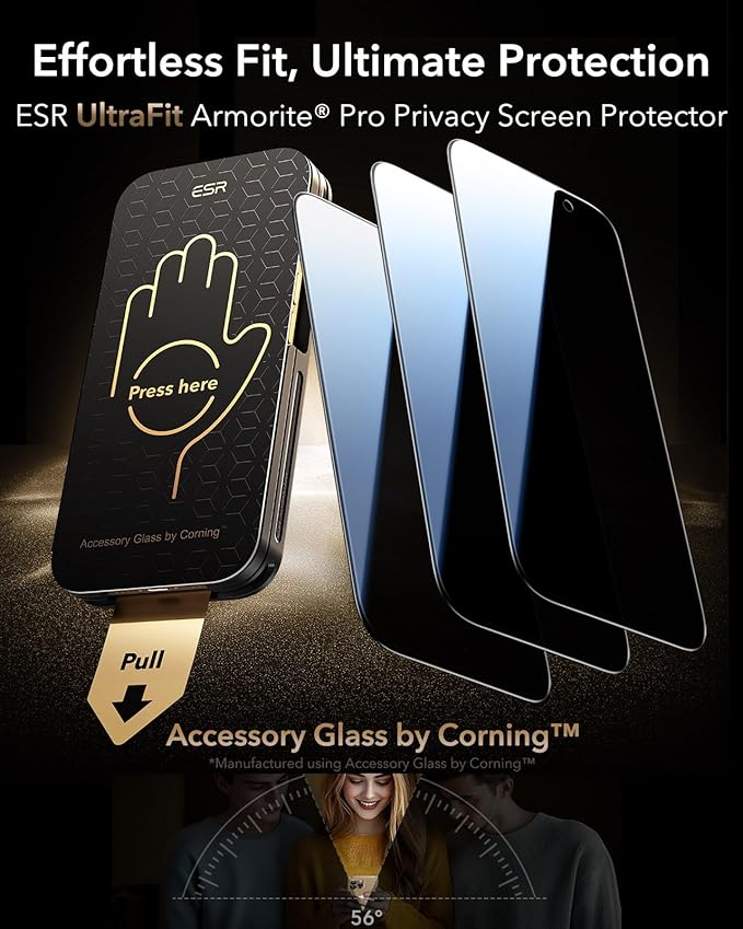 ESR Accessory Glass by Corning™ 3 Pack 9H+ Glass for iPhone 16 Pro Max Privacy Screen Protector, Military Grade Shatterproof & Durable with UltraFit Tray