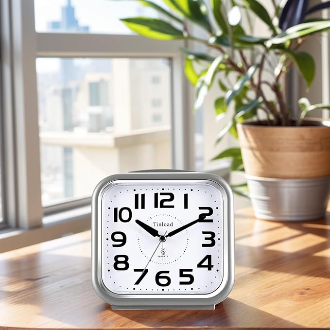 Tinload 5.5" Large Analog Alarm Clock Silent Non Ticking, Gentle Wake, Beep Sounds, Increasing Volume, Battery Operated Snooze and Manual Light, Easy Set