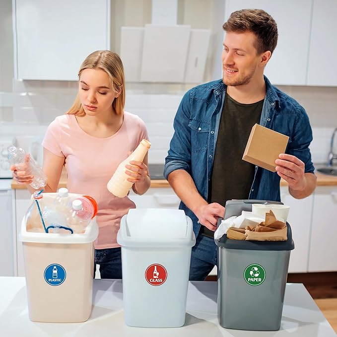 4PCS Recycle Stickers for Trash Bins,Self-adhesive Waterproof Trash Recycle Stickers, Recycling Labels for Trash Can for Home, Office, Apartment, Hotel, School and Public Area