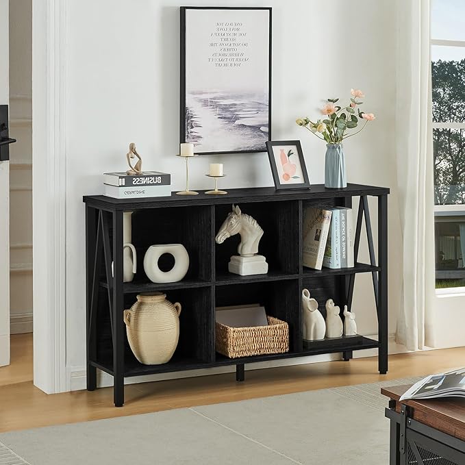 HOMISSUE Cube Storage Organizer Shelf, Rustic Short Wide Bookshelf with 6 Cubes, Industrial Low Cubby Bookcase with 3-Tier Shelves, Horizontal Book Case for Living Room, Office, Black