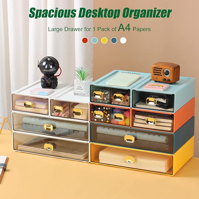 Spacious Desk Drawers, Stackable Desktop Organizer, Plastic Storage Box for Office, School & Home Supplies (4 Small Drawers, OG & YE)