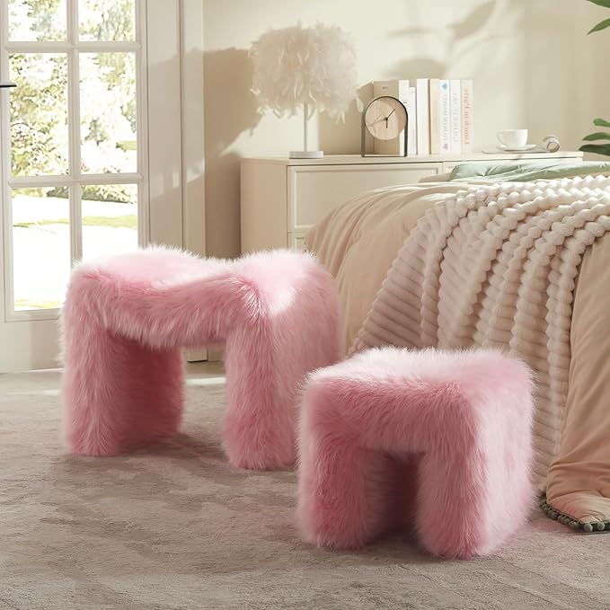 ZYKZYK Small Ottoman Set of 2 Vanity Stool Chair with Modern Ottoman Foot Rest M-Shaped Design for Bedroom Entryway Makeup Vanity Entryway (2-in-1) Pink