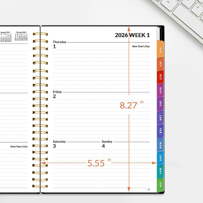 SUNEE 2026 Weekly and Monthly Planner - from January 2026 - December 2026, Daily Agenda Planner with Monthly Tab, Flexible Cover, Note Pages, Pockets, Bookmark, Spiral Binding, Black, 6.4" x 8.3"