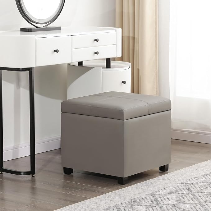 Asense 17 Inch Storage Ottoman Foot Rest,Square Faux Leather Foot Stool,Small Ottoman with Storage,Padded Seat for Entryway,Living Room,Bedroom,Couch,Under Desk,Grey