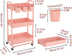 JIUYOTREE 3-Tier Plastic Rolling Storage Cart Utility Cart with Extra Hanging Cups Handles Lockable Wheels for Living Room Bathroom Kitchen Office Pink