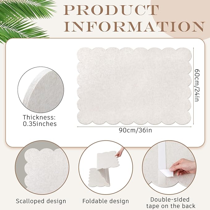 Mooliwe Scalloped Felt Bulletin Board 36 x 24 Inches Foldable Beige Pin Cork Board Alternative for Wall, 3' x 2' Trifold Picture Vision Self Adhesive Bulletin Decorative
