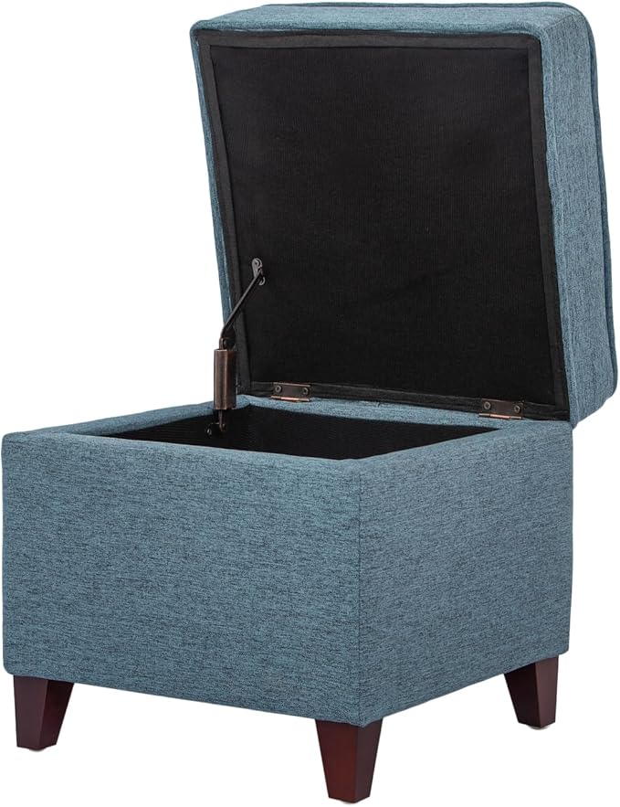 Asense 17 Inch Square Storage Ottoman,Small Foot Rest Stool for Couch, Faux Linen Fabric Upholstered Footstool Cube for Entryway Bedroom Living Room, Blue