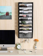 EasyPAG 10 Pocket Mesh Wall File Organizer with Key Hooks, Hanging Paper Folder Holder with Classify Label, Vertical Wall Mount Mail Organizer for Office Home Classroom, Black