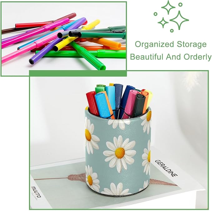 Leather Pen Holder for Desk, Daisy Pencil Cup Desktop Organizer Makeup Brush Holders Office Supplies for Home, Kids & School
