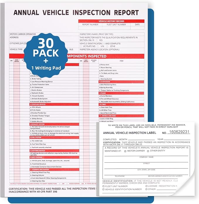 30-Pack Annual Vehicle Inspection Report Form, 3-Ply Carbonless Form and Hardboard, Includes 30-Pk 2-Ply FMCSA Vinyl Adhesive Label for Annual Inspections, DOT Compliant
