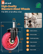 RidRed Gaming Chair Wheels - Heavy-Duty Office Chair Wheels - Replacement Rubber Casters- Universal Fit 3 Inch Chair Casters, Noise Free, Fits 98% Chair, for All Floor (Red)