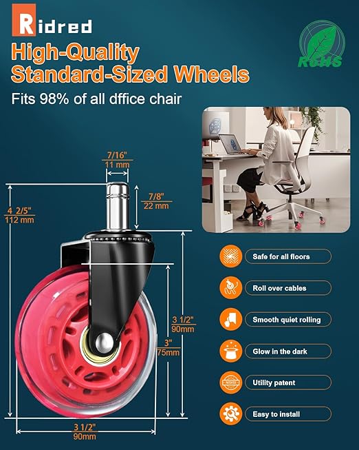 RidRed Gaming Chair Wheels - Heavy-Duty Office Chair Wheels - Replacement Rubber Casters- Universal Fit 3 Inch Chair Casters, Noise Free, Fits 98% Chair, for All Floor (Red)