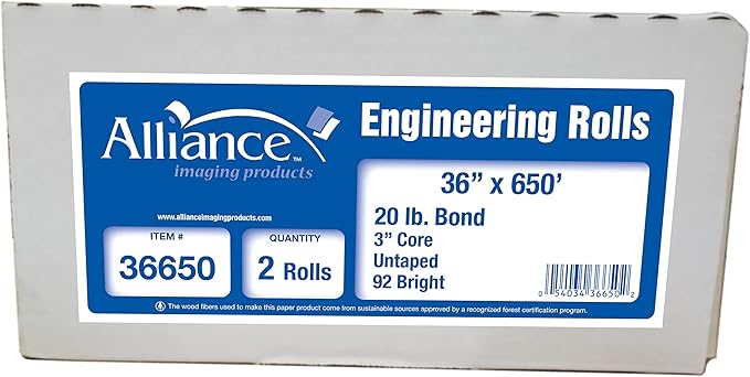 Alliance Wide Format Paper 36" x 650' Rolls Bond Engineering (20lb | 2 Rolls, 36 In x 650 Ft | 3" Core)…