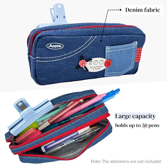 Haumei Canvas Pencil Case Large Capacity, Big Denim Pen Pouch with Zipper, Cute Durable Portable Stationary Storage Bag Organizer for Adults Women, Dark Blue, Button