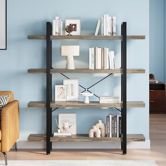 FURSUN Heavy Duty 4 Tier Bookcase, 55-in Tall Industrial Modern Large Bookshelf, Wood Farmhouse Bookcases Book Shelves and Metal Frame for Office, Bedroom, Living Room, Grey