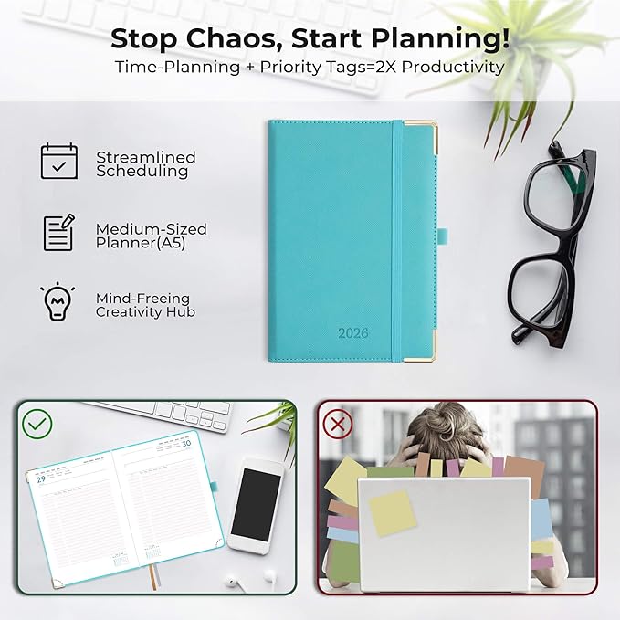 IN-LUXPRO Daily Planner 2026 with One Page Per Day,(A5-8.5" x 5.9"),12 Months Calendar Hourly Appointment Book Monthly Tabs & Self-adhesive Pen Holder,Inner Pocket, Vegan Leather Hardback,Light Blue