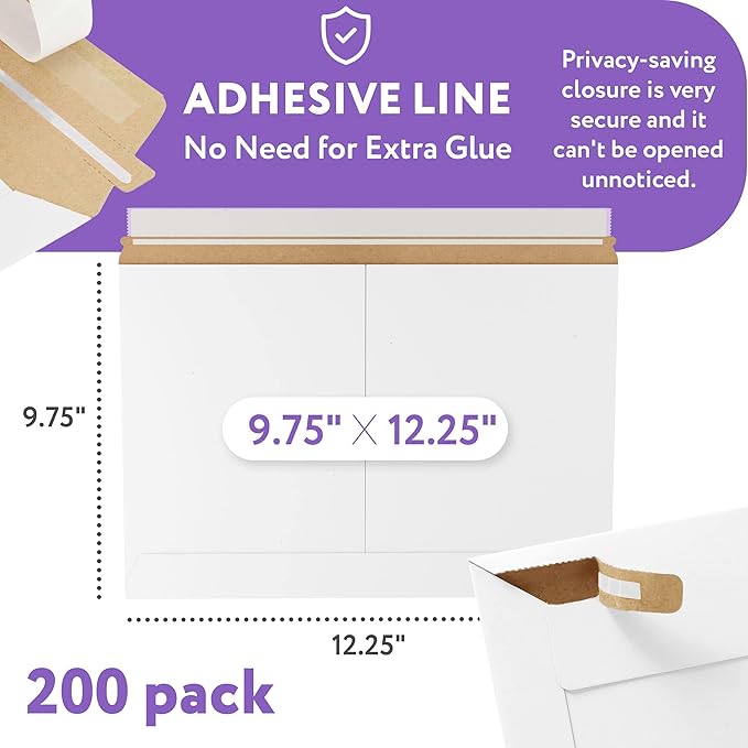 APQ Supply White Rigid Mailers, 12.25 x 9.75 Inch. Pack of 200 Cardboard Envelopes for Photos, Documents. Sturdy Stay Flat Mailers with Self-Seal Closure. Hard Rigid Shipping Envelopes