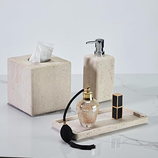 Rectangular Ivory Travertine Bathroom Trash Can, Natural Organic Stone Office Wastebasket, Wabi-Sabi Durable Storage Basket, Garbage Container for Bathroom, Home Office, Bedroom, Living Room, Toilet
