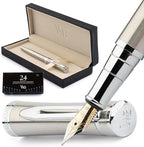 Wordsworth & Black Fountain Pen Set, 18K Gilded Extra Fine Nib, Includes 6 Pack Ink Cartridges, Ink Refill Converter & Gift Box, Chrome Finish, Calligraphy, [Silver Chrome], Perfect for Men & Women